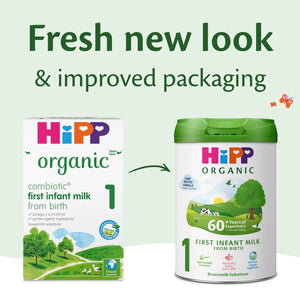 Hipp organic baby milk packaging with text