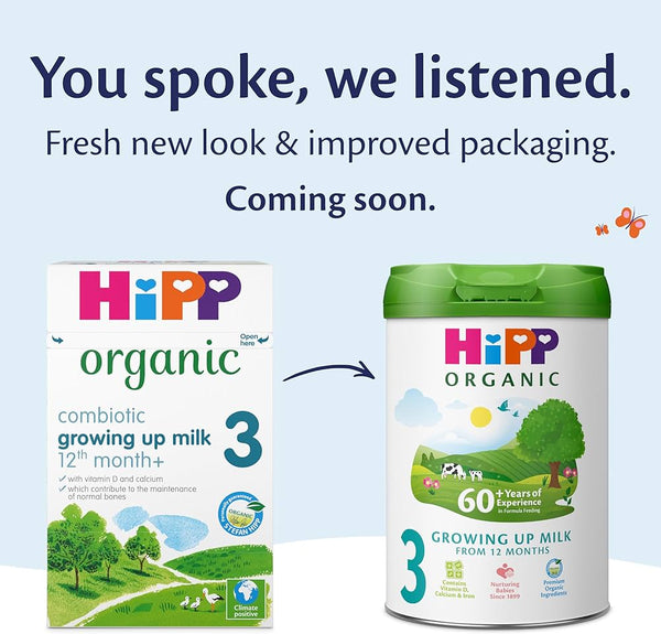 Load image into Gallery viewer, Hipp organic baby milk packaging with text about a fresh look and improved packaging.
