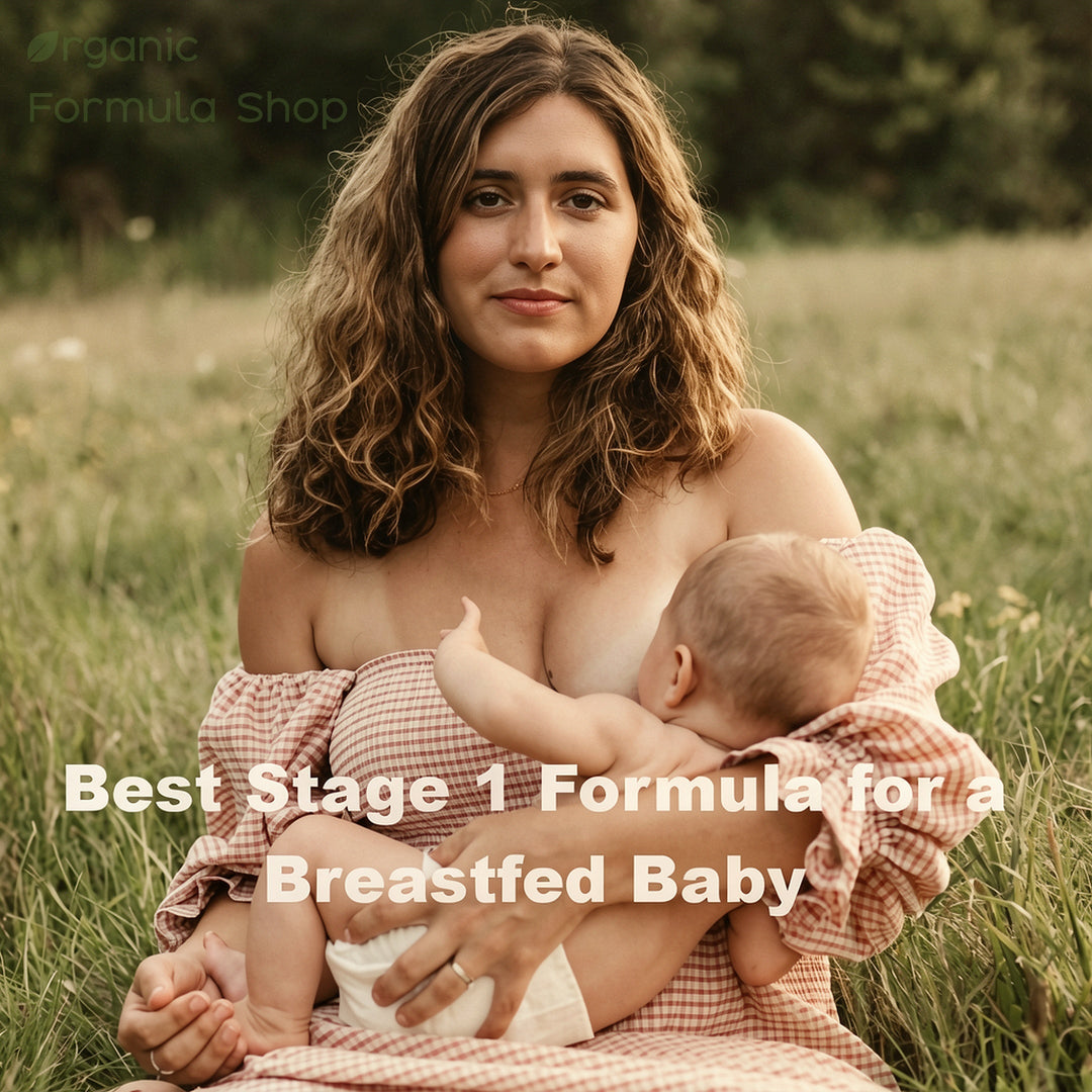 European organic Stage 1 baby formula bottle beside a breastfeeding mother, for babies from birth