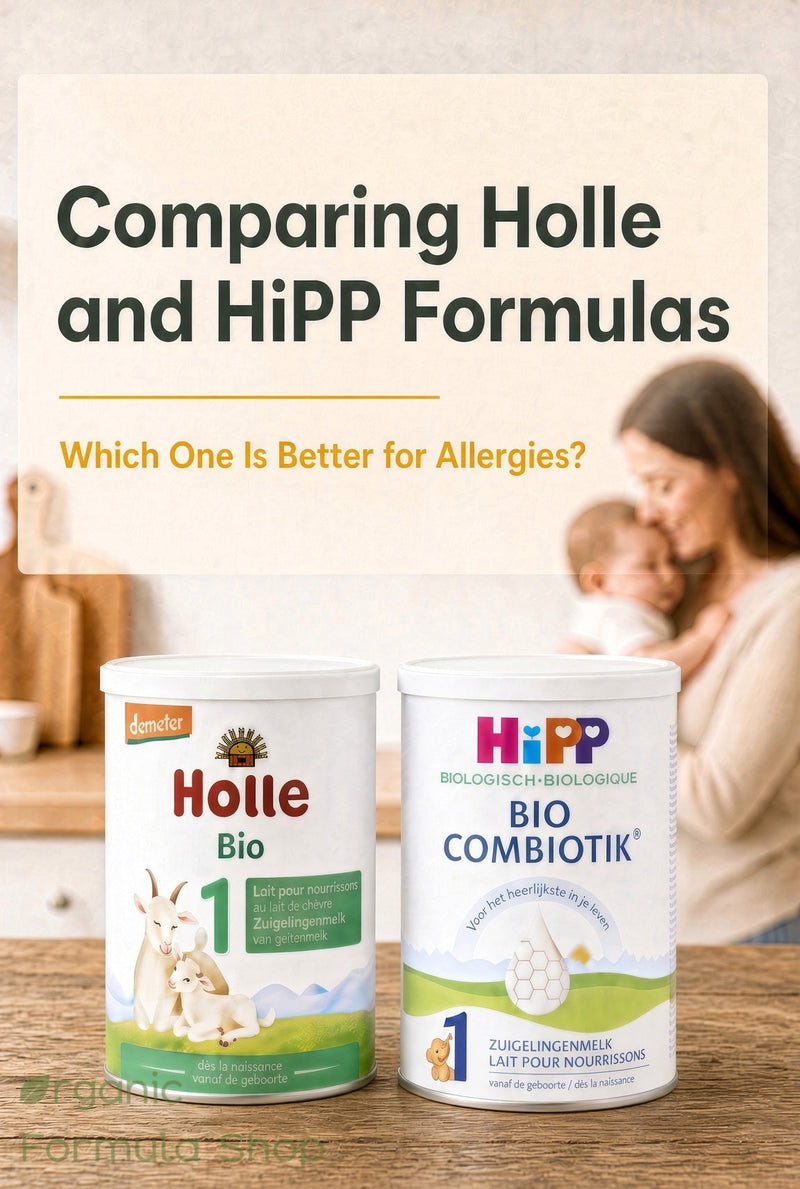 HiPP and Holle European organic baby formula packs side by side for a comparison of options for babies with allergies or sensitive digestion
