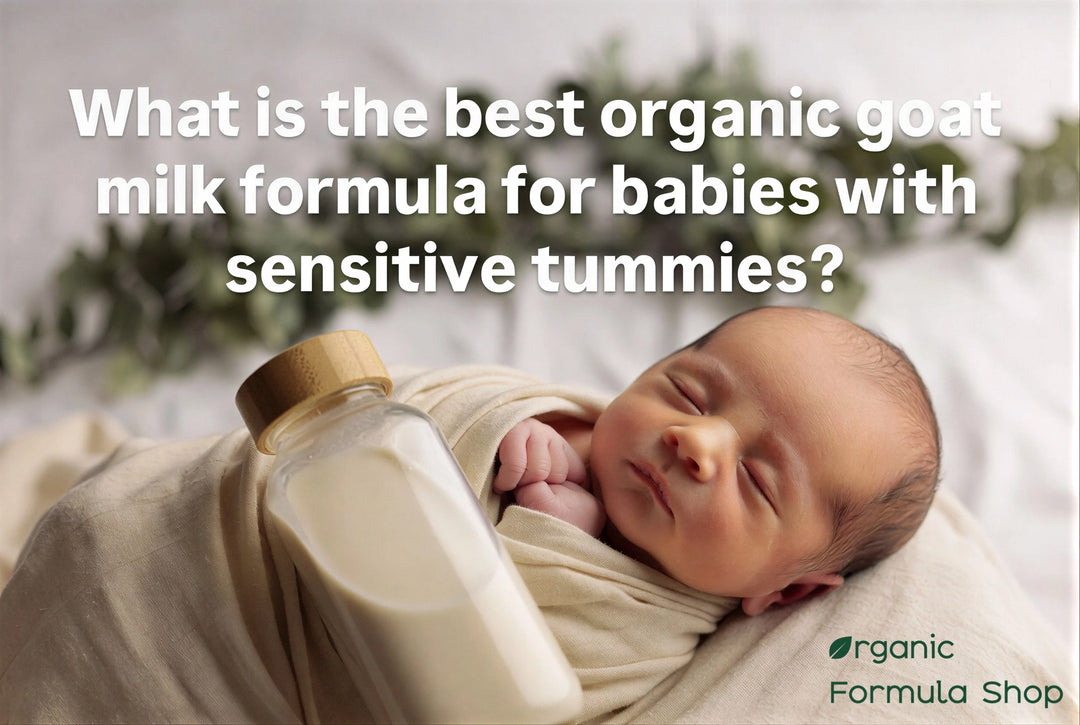 Sleeping newborn baby swaddled beside a glass bottle of organic goat milk formula for sensitive tummies