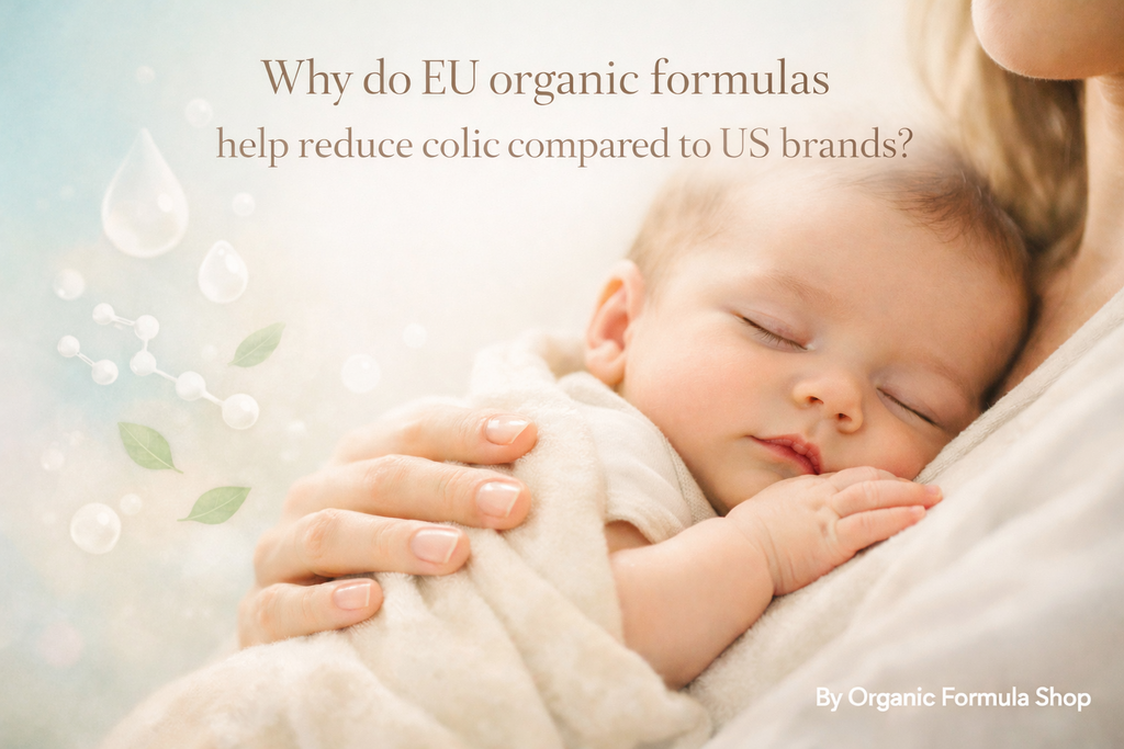Parent gently holding a fussy baby against their shoulder in a softly lit nursery, illustrating the calm-after-colic experience EU organic formulas aim to support