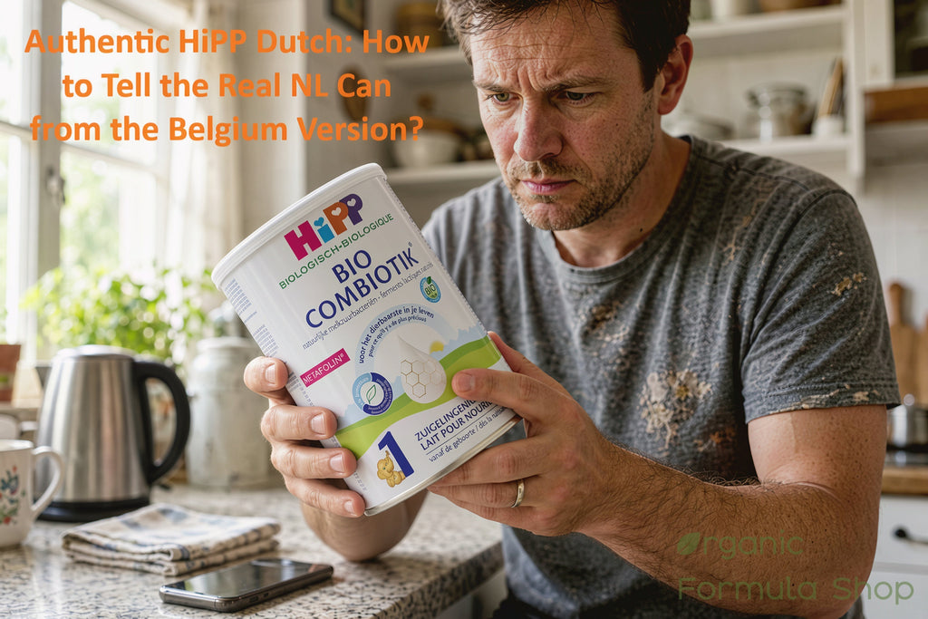 dad looking at Hipp Dutch Stage 1 can to check authenticity