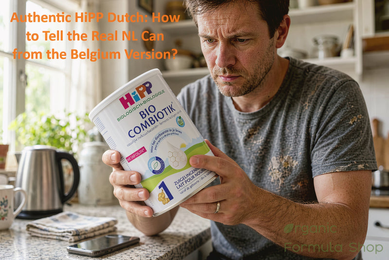 dad looking at Hipp Dutch Stage 1 can to check authenticity