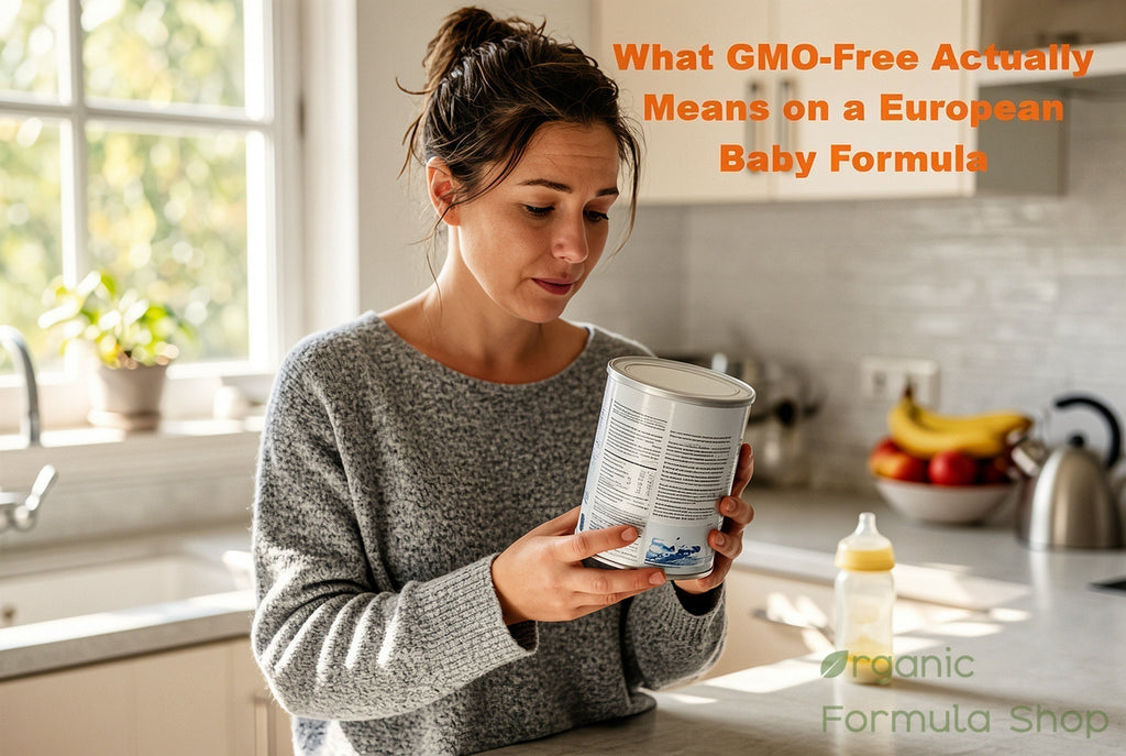 Parent reading the ingredient list on the back of a European organic infant formula can in a kitchen