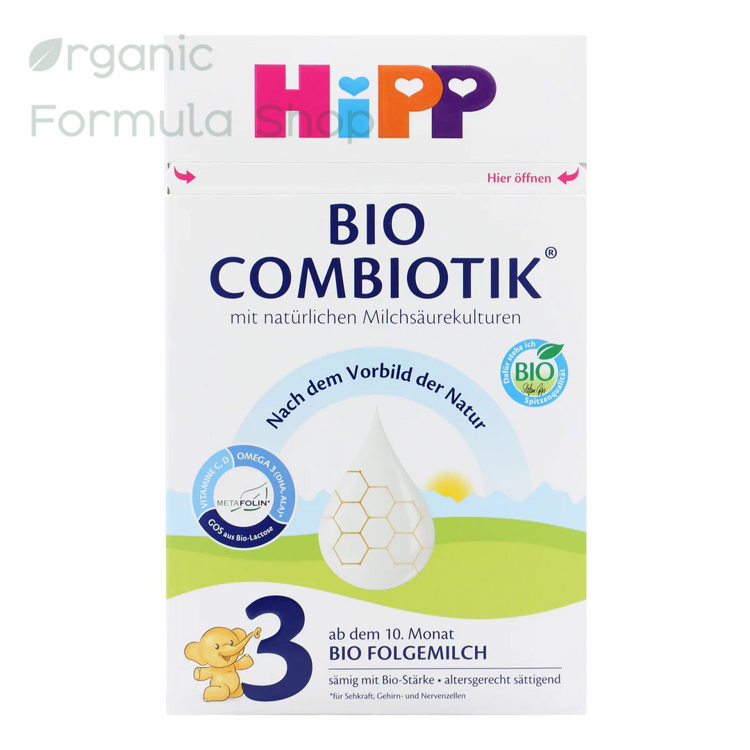 HiPP German Stage 3 European organic toddler formula in 600g box, front of package with Bio Combiotik branding, for toddlers 10 months and older