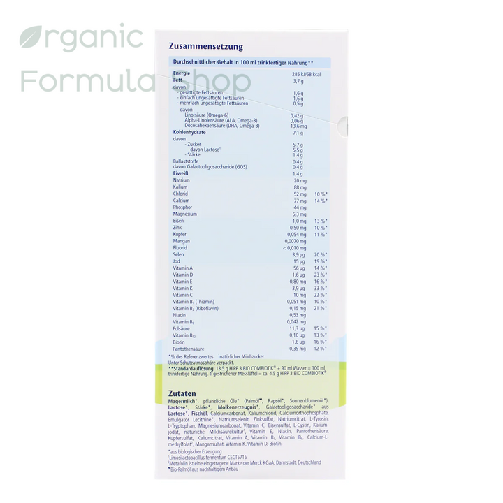 HiPP German Stage 3 European organic toddler formula box, side of package with nutrition information in German
