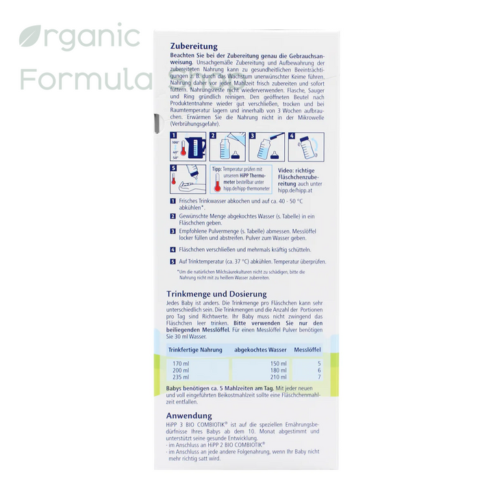 HiPP German Stage 3 European organic toddler formula box, side of package with preparation instructions and feeding chart in German