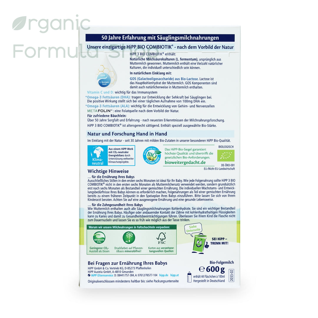 HiPP German Stage 3 European organic toddler formula box, back of package with general information in German and the Organic Certifications