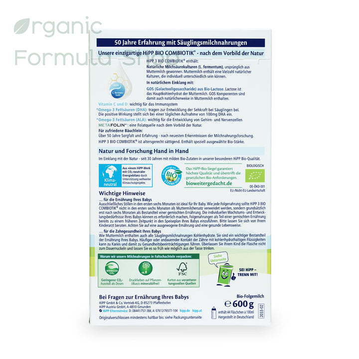 HiPP German Stage 3 European organic toddler formula box, back of package with general information in German and the Organic Certifications