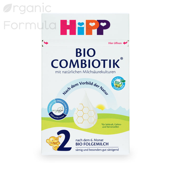 HiPP German Stage 2 European organic follow-on baby formula in 600g box, front of package with Bio Combiotik branding, for babies 6 to 10 months