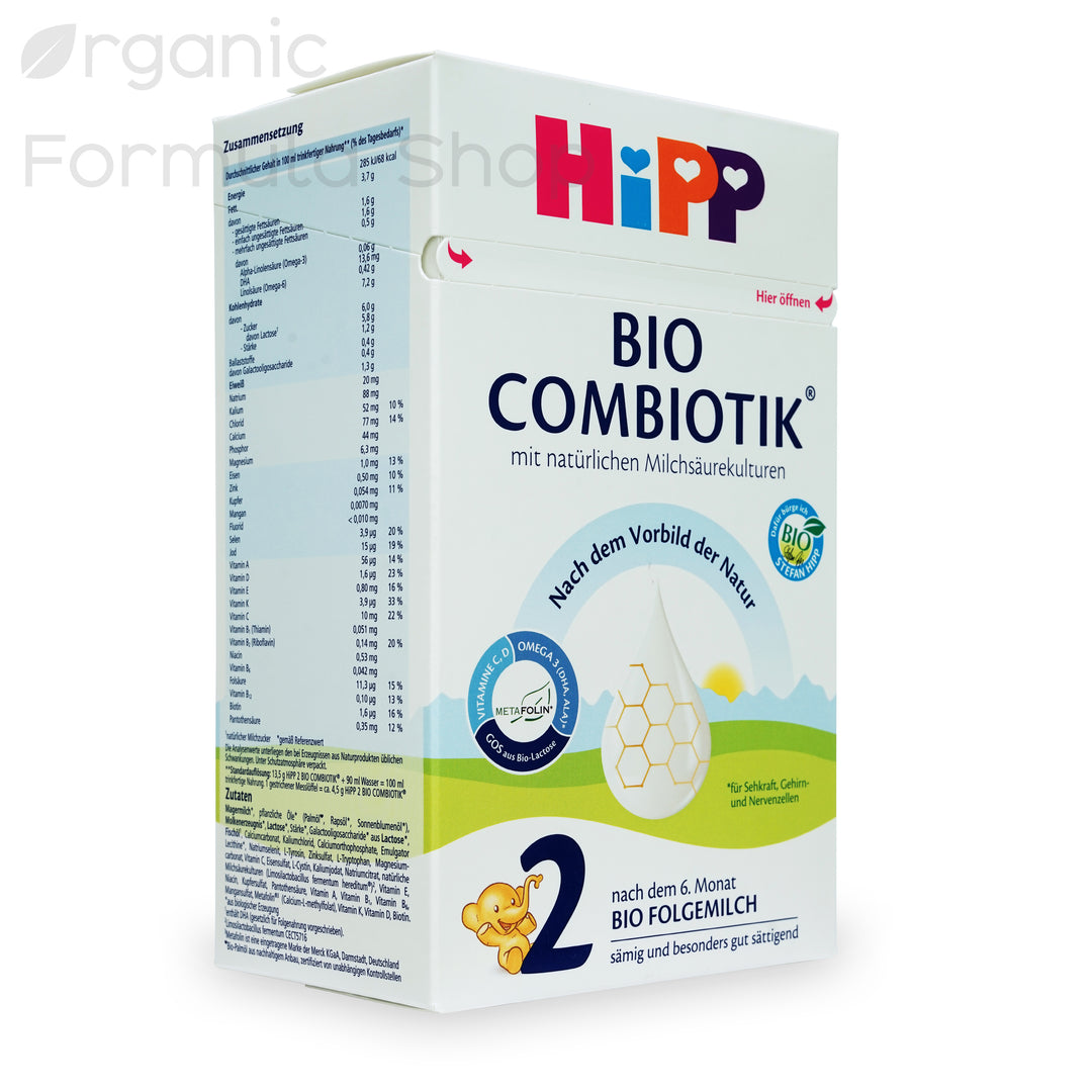 HiPP German Stage 2 European organic baby formula box, side view showing nutritional information and ingredients panel in German
