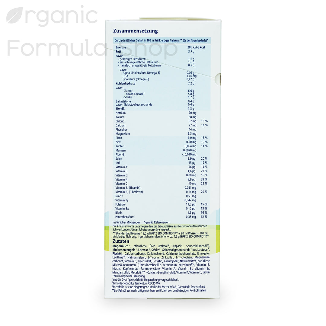 HiPP German Stage 2 European organic baby formula box, back of package with preparation instructions and feeding chart in German