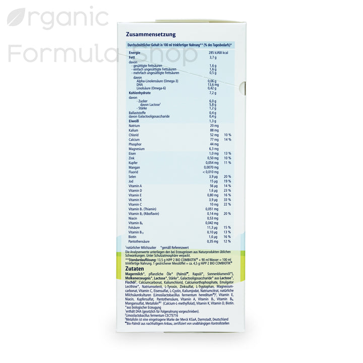 HiPP German Stage 2 European organic baby formula box, back of package with preparation instructions and feeding chart in German
