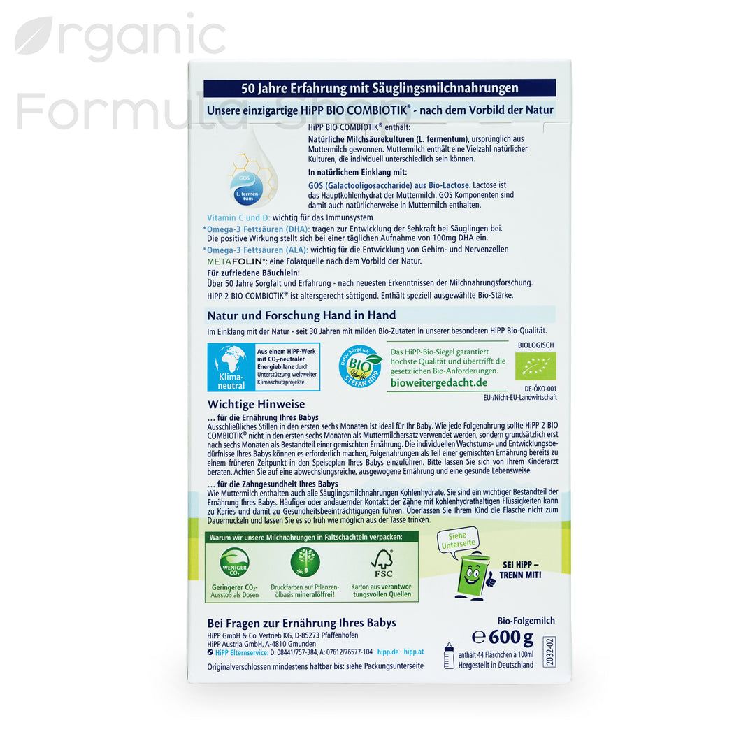 HiPP German Stage 2 European organic baby formula, top view of box showing Bio Combiotik logo and HiPP organic seal