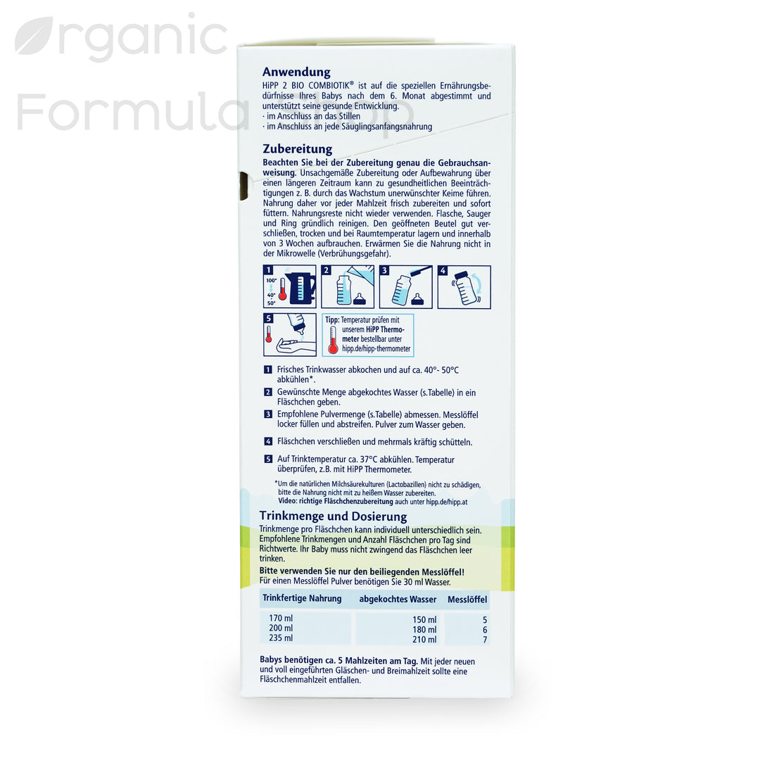 HiPP German Stage 2 European organic baby formula, 600g carton box angled view showing full package design with prebiotics and probiotics callout
