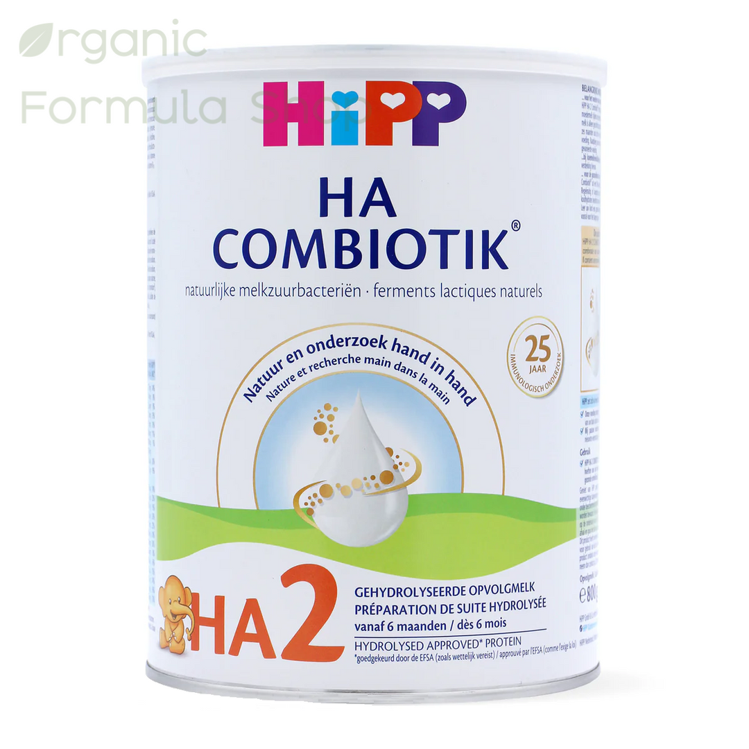 HiPP HA Dutch Stage 2 European hypoallergenic follow-on formula in 800g tin, front of can with hydrolyzed protein Combiotik branding, for babies 6 months and older. on a white background with a faint 'organic formula' watermark in the top left corner.