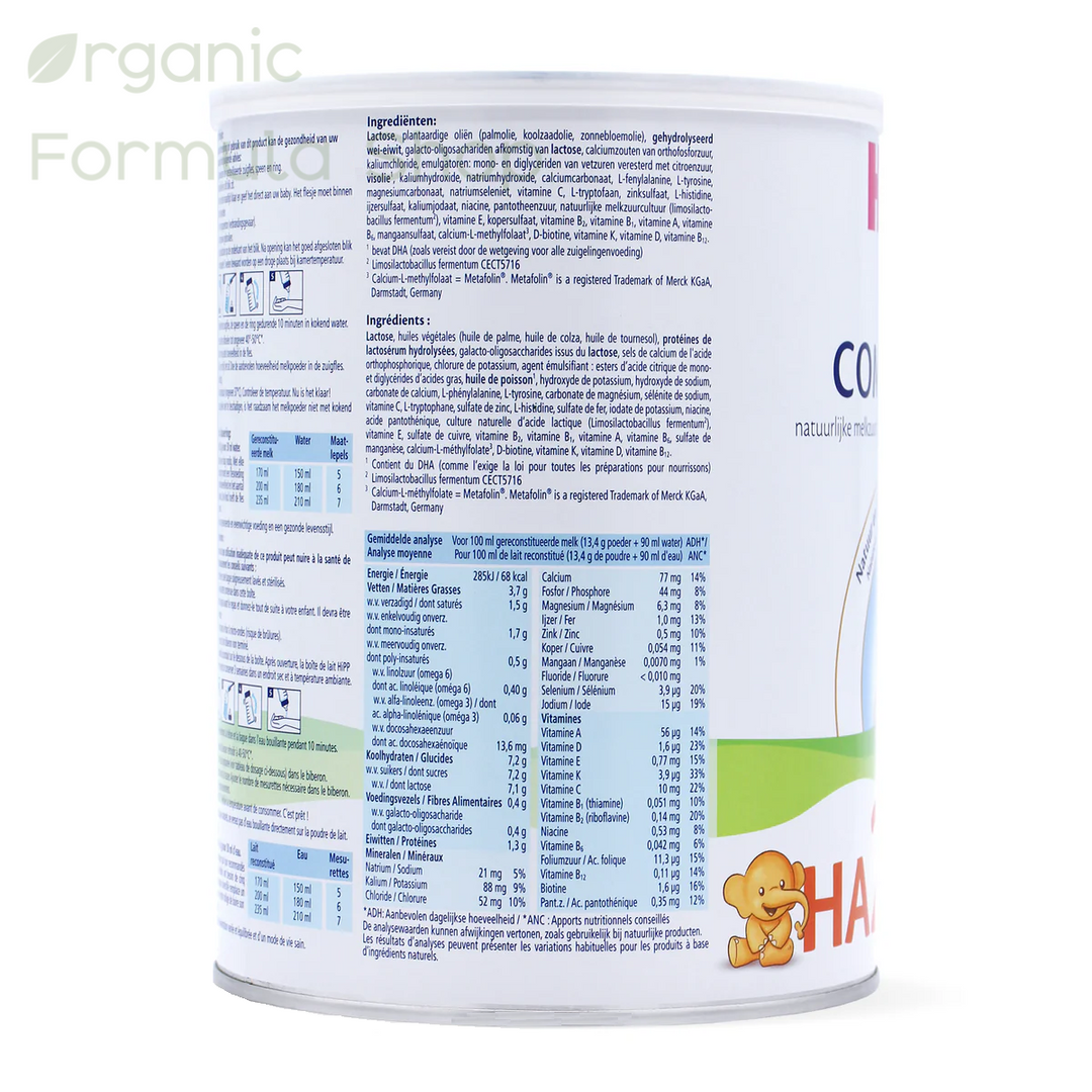 HiPP HA Dutch Stage 2 European hypoallergenic follow-on formula in 800g tin, side of can with hydrolyzed protein Combiotik branding, for babies 6 months and older. the detailed ingredient list on the side, with a green and white label design and a cartoon bear on the bottom right.