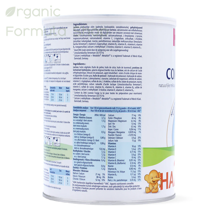 HiPP HA Dutch Stage 2 European hypoallergenic follow-on formula in 800g tin, side of can with hydrolyzed protein Combiotik branding, for babies 6 months and older. the detailed ingredient list on the side, with a green and white label design and a cartoon bear on the bottom right.