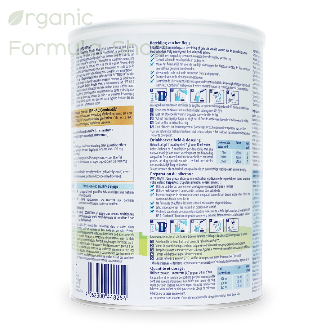 HiPP HA Dutch Stage 2 European hypoallergenic follow-on formula in 800g tin, side of can with hydrolyzed protein Combiotik branding, for babies 6 months and older showing preperation instructions in French and Dutch