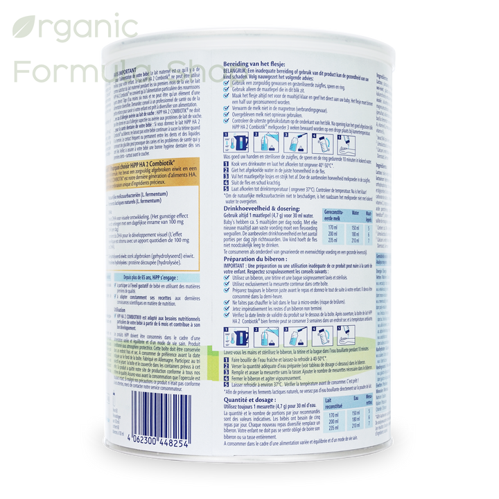 HiPP HA Dutch Stage 2 European hypoallergenic follow-on formula in 800g tin, side of can with hydrolyzed protein Combiotik branding, for babies 6 months and older showing preperation instructions in French and Dutch