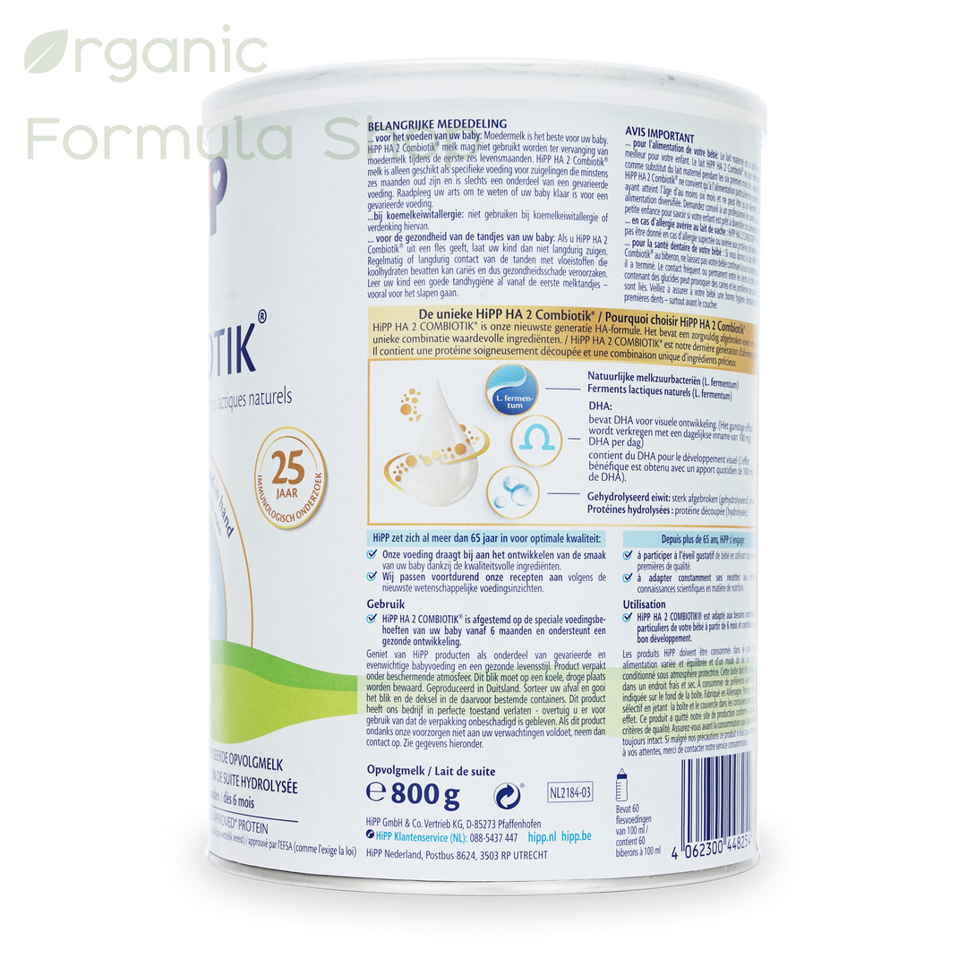 HiPP HA Dutch Stage 2 European hypoallergenic follow-on formula in 800g tin, back of can with hydrolyzed protein Combiotik branding, for babies 6 months and older. showing important information and USP of the product and HiPP brand
