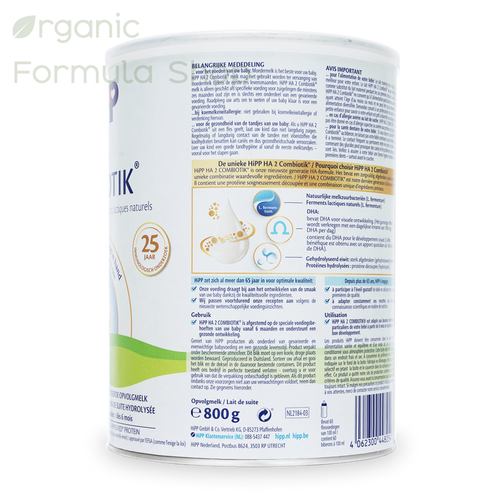 HiPP HA Dutch Stage 2 European hypoallergenic follow-on formula in 800g tin, back of can with hydrolyzed protein Combiotik branding, for babies 6 months and older. showing important information and USP of the product and HiPP brand