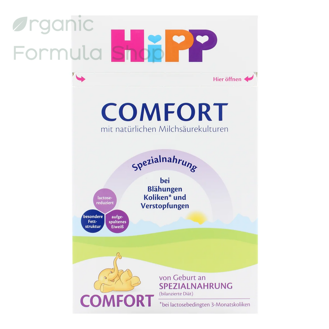 HiPP Comfort German European baby formula for gas, colic, and constipation in 600g box, front of package, for babies 0 to 12 months