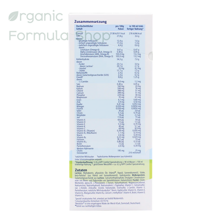 HiPP Comfort German European baby formula box, side of package with nutrition information in German and ingredients.