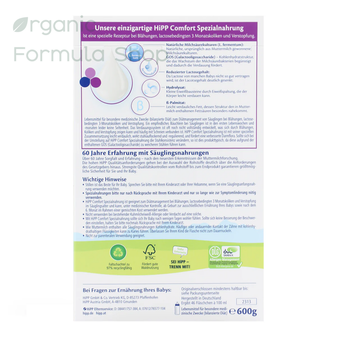 HiPP Comfort German European baby formula for sensitive tummies, back of box HiPP seal and Comfort branding and more information about the product in German
