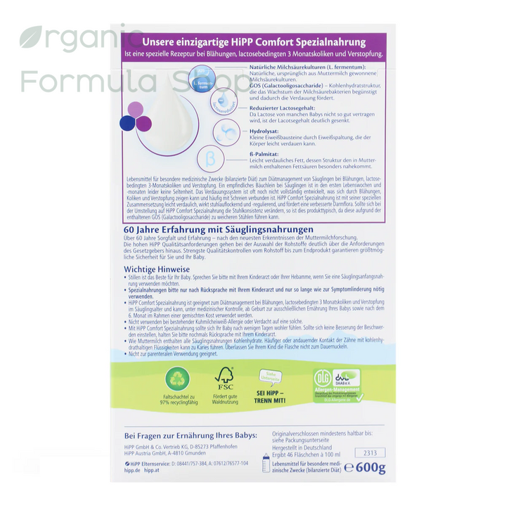 HiPP Comfort German European baby formula for sensitive tummies, back of box HiPP seal and Comfort branding and more information about the product in German