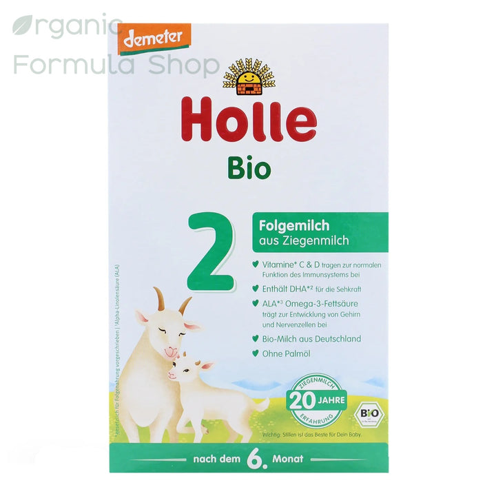 Holle Goat German Stage 2 European organic follow-on goat milk formula in 400g box, front of package with Demeter biodynamic certification, for babies 6 to 10 months