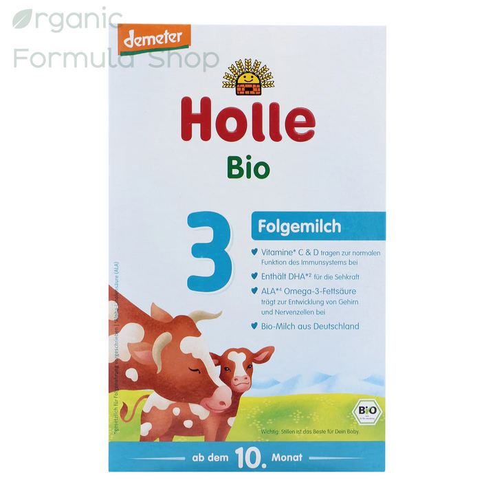 Holle Cow Stage 3 European organic toddler formula in 600g box, front of package with Demeter biodynamic certification, for toddlers 10 months and older