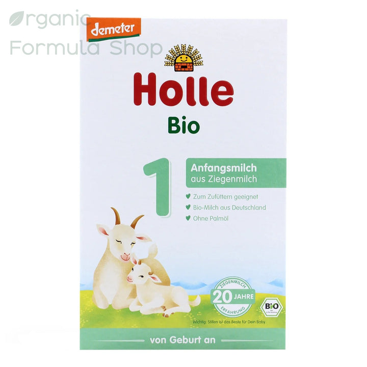 Holle Goat German Stage 1 European organic goat milk baby formula in 400g box, front of package with Demeter biodynamic certification, for babies 0 to 6 months