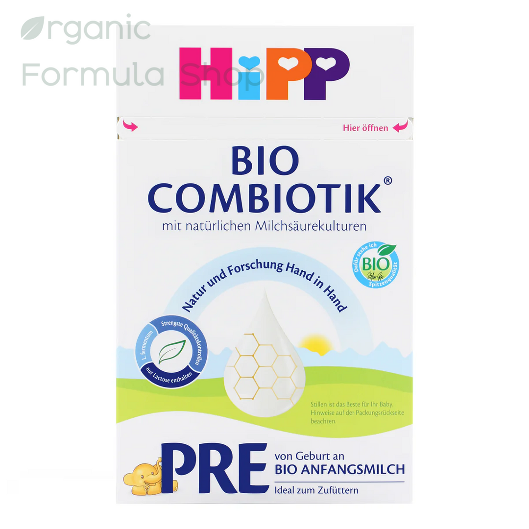 HiPP German Stage Pre European organic newborn formula in 600g box, front of package with Bio Combiotik branding, suitable from birth