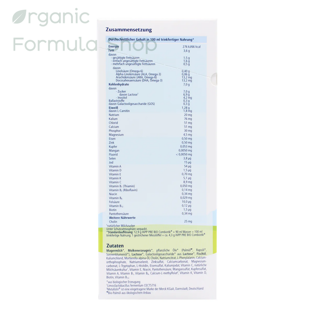 HiPP German Stage Pre European organic baby formula box, back of package with nutrition info in German