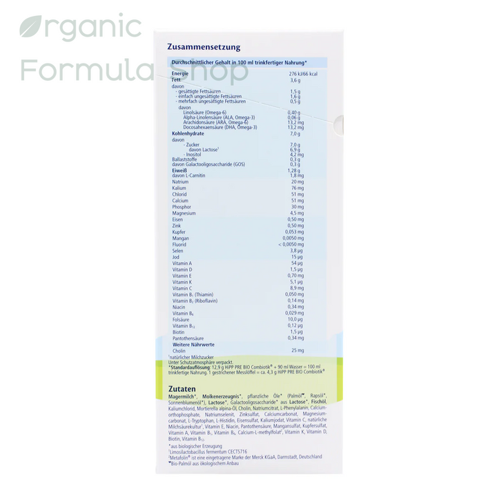 HiPP German Stage Pre European organic baby formula box, back of package with nutrition info in German