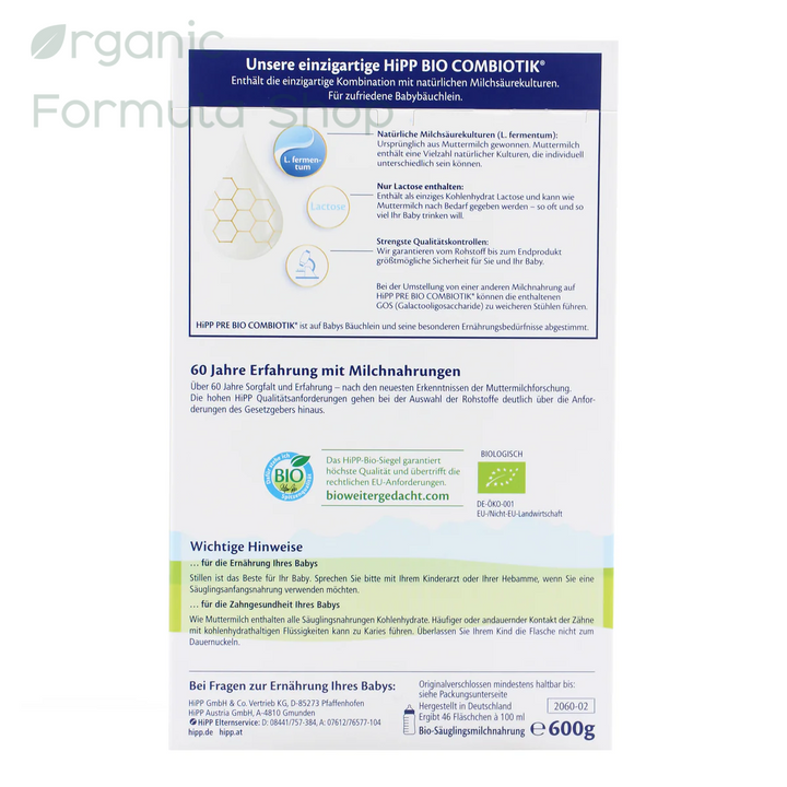 HiPP German Stage Pre European organic baby formula, rear view of box showing Bio Combiotik logo and HiPP organic seal and general info