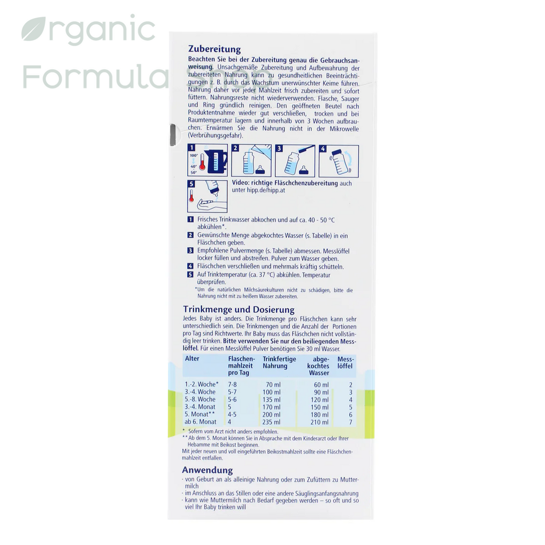 HiPP German Stage Pre European organic newborn formula, 600g carton box wit preperation instructions and feeding chart
