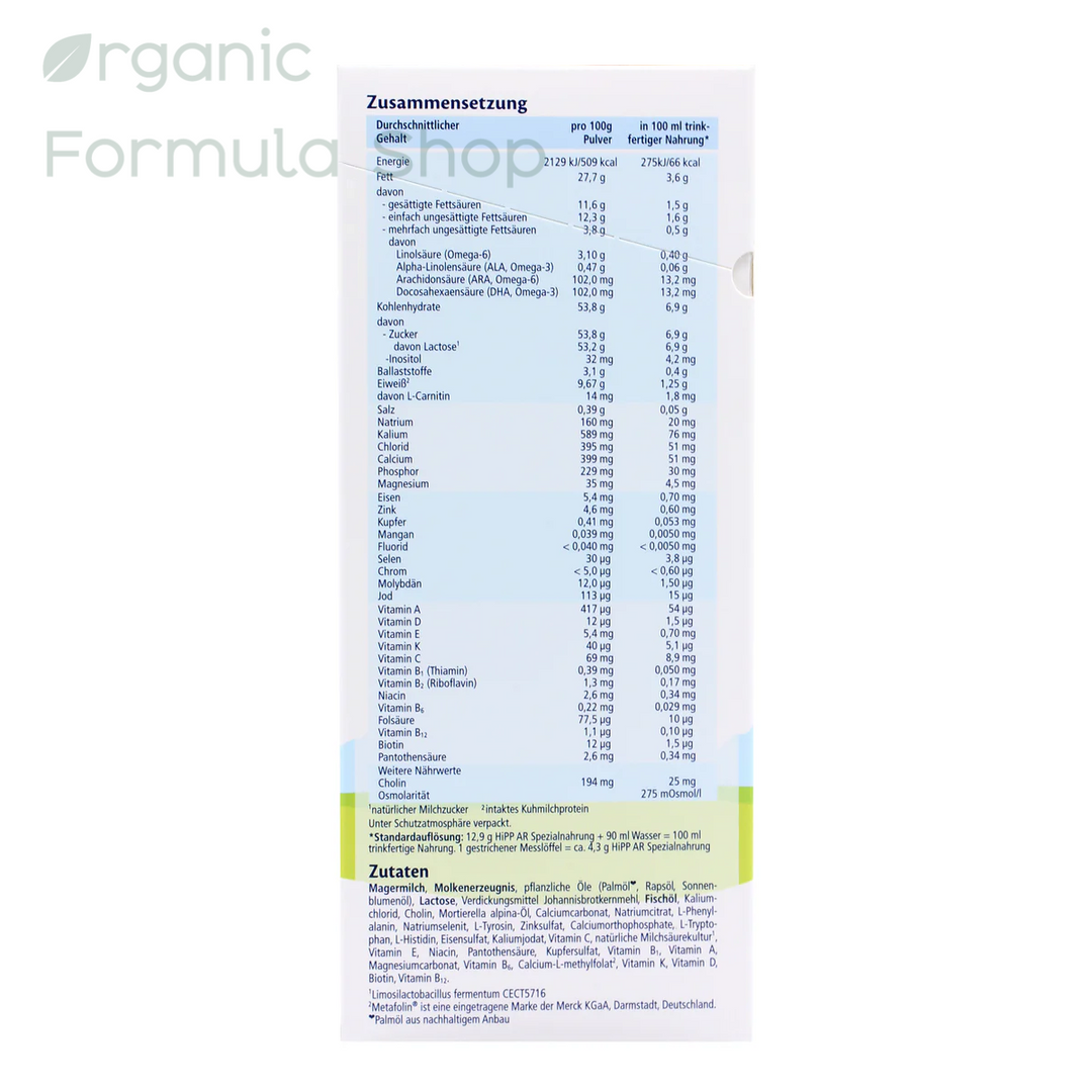 HiPP German Anti-Reflux Ingredients list, showing the ingredient composition (Zusammensetzung) in a light blue table with black text and a green highlighted section at the bottom.
