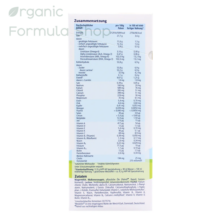 HiPP German Anti-Reflux Ingredients list, showing the ingredient composition (Zusammensetzung) in a light blue table with black text and a green highlighted section at the bottom.