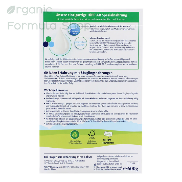 HiPP German Anti-Reflux product information in German. 
