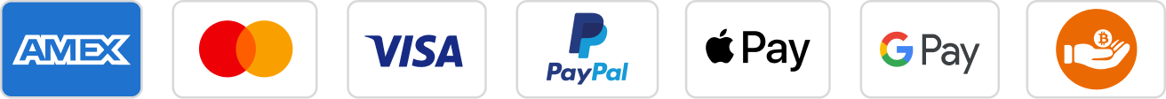 Logos of various payment methods including AMEX, Mastercard, Visa, PayPal, Apple Pay, and Google Pay.