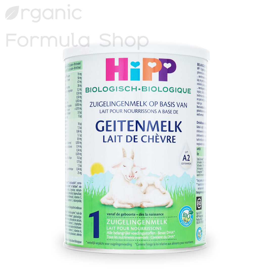 A can of HiPP Dutch Goat Formula - Stage 1 for babies, indicating it is suitable for 0-6 months old, with a weight of 400 grams.