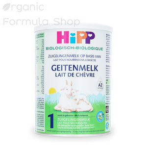 A can of HiPP Dutch Goat Formula - Stage 1 for babies, indicating it is suitable for 0-6 months old, with a weight of 400 grams.