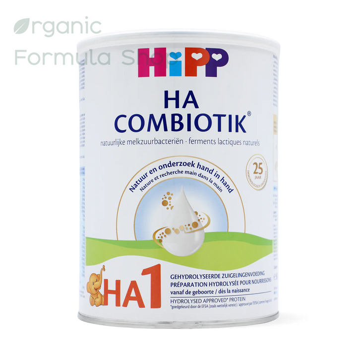 A container of HiPP Hydrolyzed Dutch Formula - Stage 1 for babies 0-6 months old, with a label showing the brand name, product name, and an illustration of a baby.