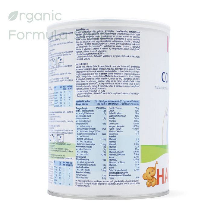 HiPP HA Dutch Stage 1 European hypoallergenic formula tin, side view showing nutritional information and hydrolyzed whey protein ingredients