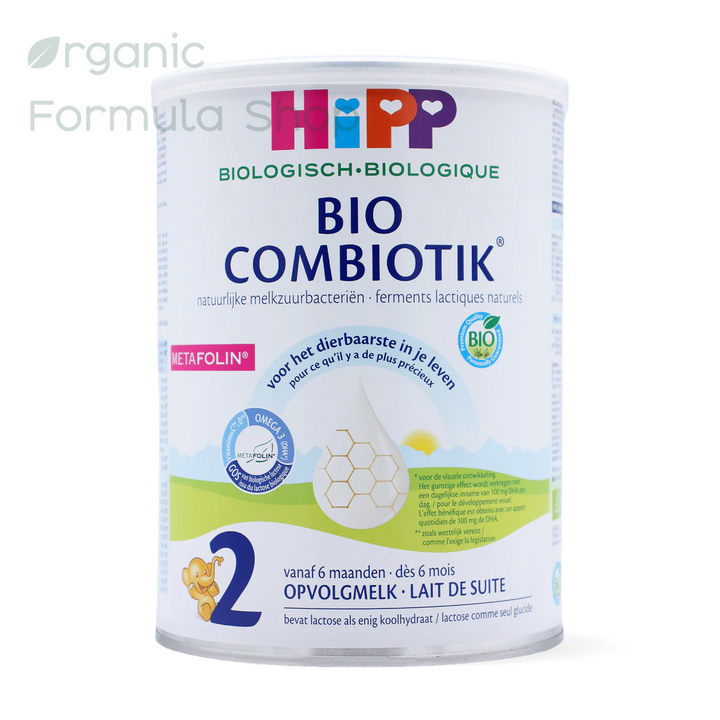A container of Hipp Dutch Organic Formula - Stage 2 for babies 6-10 months old, 800gr size. front of can