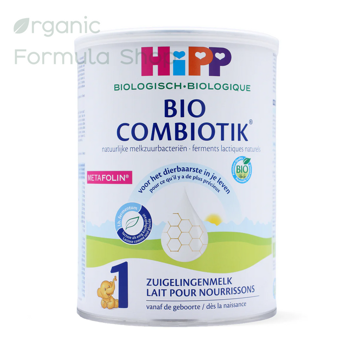 HiPP Dutch Stage 1 organic baby formula in 800g tin, front of can with Bio Combiotik branding, for babies 0 to 6 months