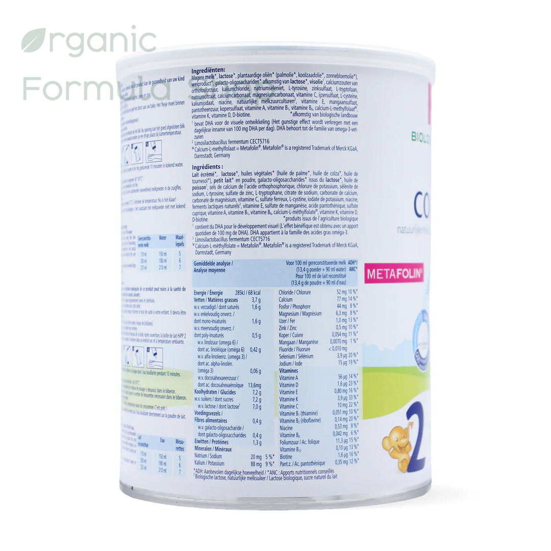 HiPP Dutch Stage 2 European organic baby formula, top view of tin showing the resealable lid and Bio Combiotik logo
